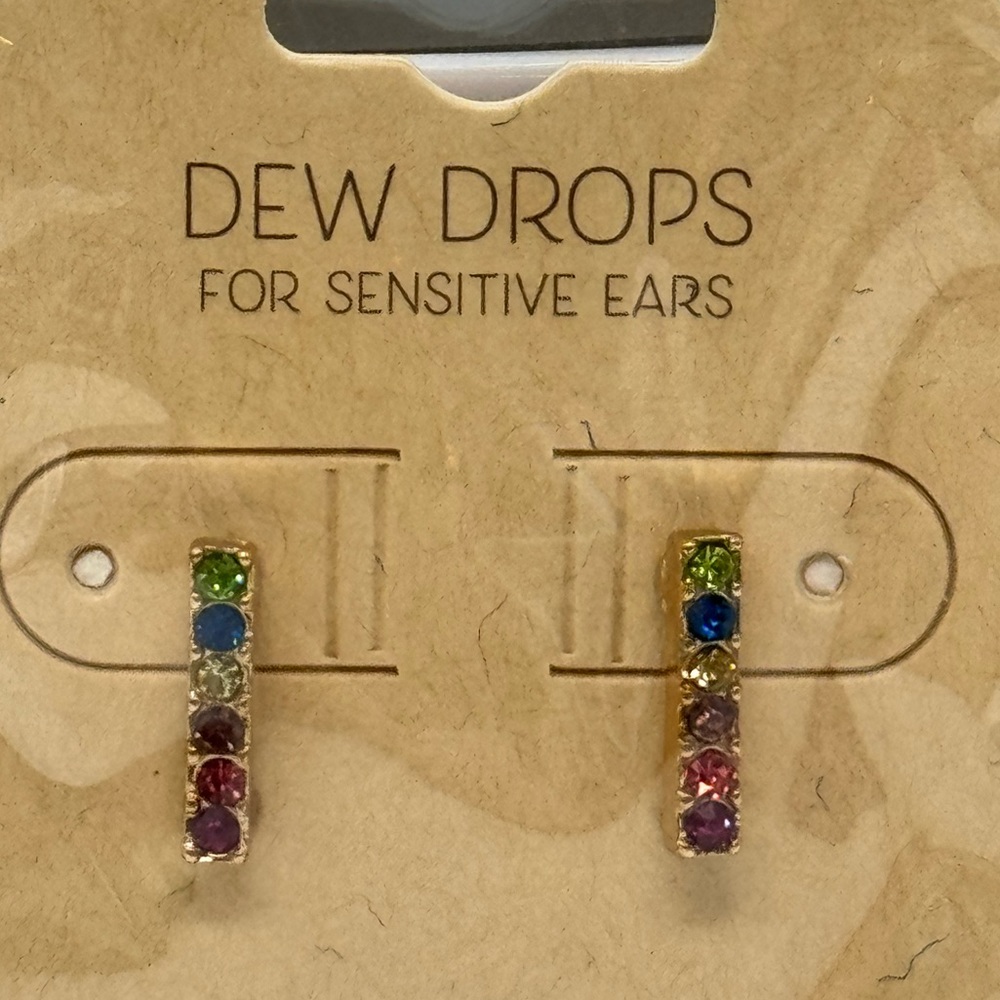 Dew Drops Multicolor Rhinestone Bar, Set in Gold Tone Post Earrings - Picture 3 of 6
